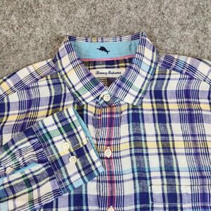 Tommy Bahama Shirt Men M Blue Plaid Linen Long Sleeve Casual Aloha Button Preppy